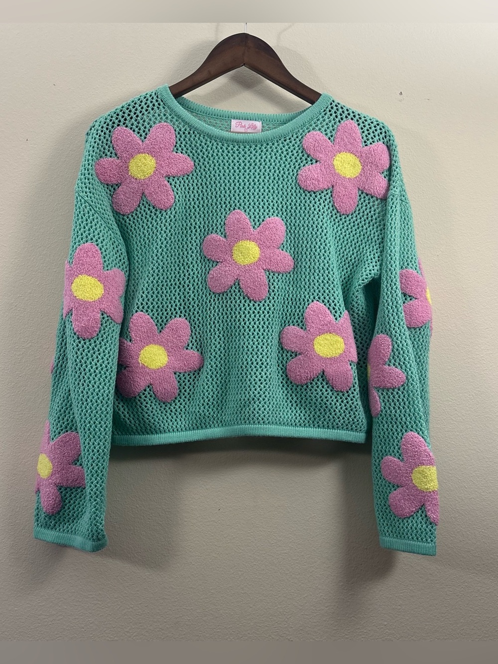 Pink Lily teal green open-knit crewneck sweater women’s S 3D flowers crocheted